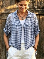 Women’s Blue White Gingham Collared Linen Shirt, Roll Up Short Sleeve Loose Plaid Blouse