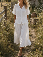 Women's Solid Textured Collar Short Sleeve Shirt & Wide Leg Maxi Skirt 2 Piece Set