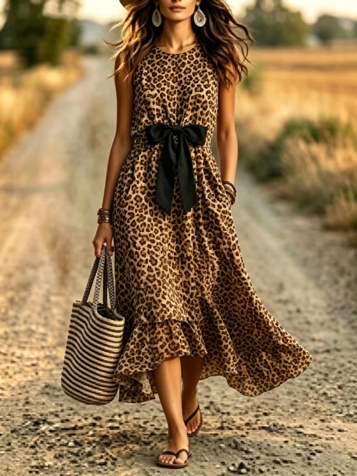 Women's Leopard Print High-Low Bow Dress