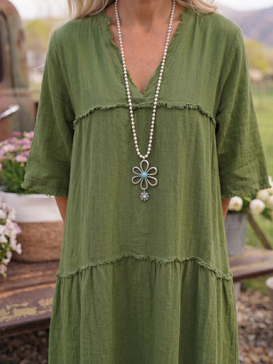 Vintage Art Comfortable Summer Fabrics Linen Blend Patchwork Dress
