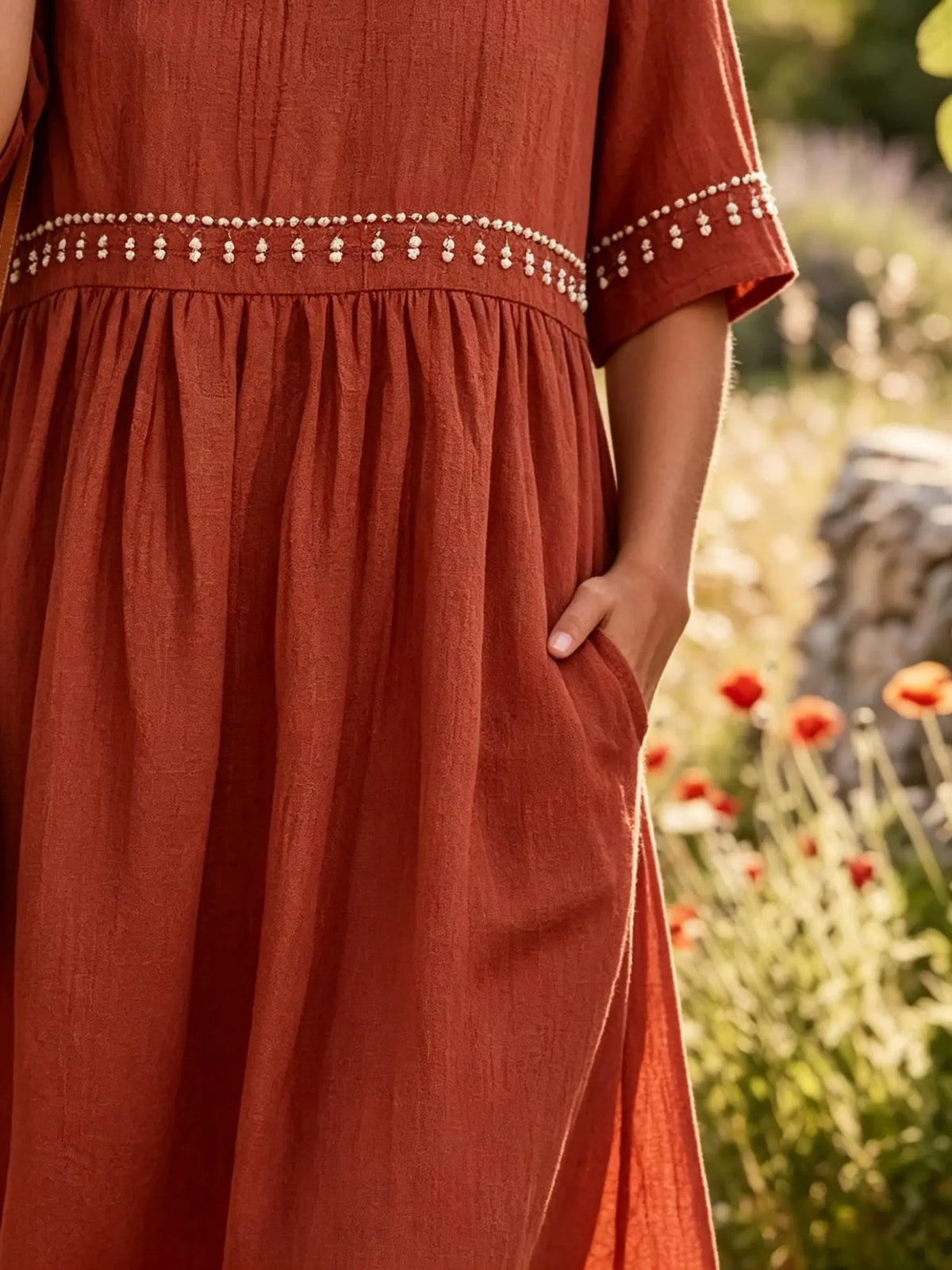 Women's Solid Beaded Trim Gathered Short Sleeve Boho Midi Dress