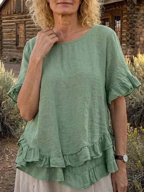 Women's Solid Linen Blend Ruffle Hem Short Sleeve Casual Blouse