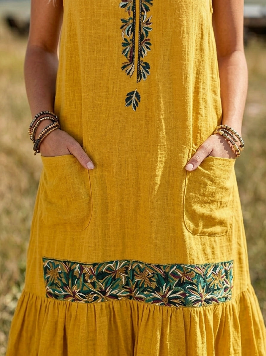 Women's V-Neck Leaf Embroidery Spaghetti Strap Tiered Maxi Dress with Pockets