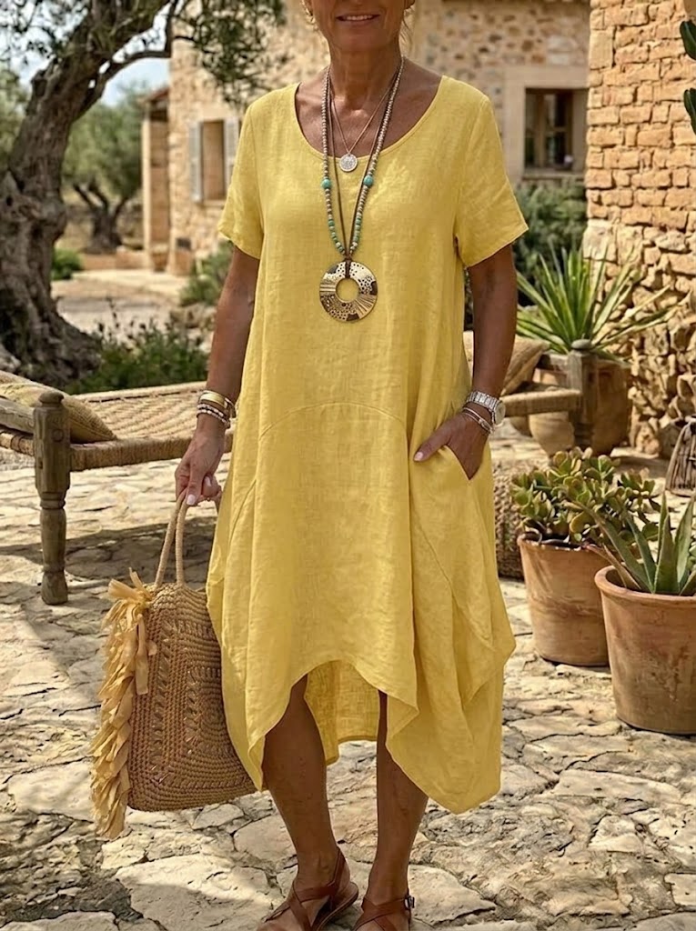 Women's Yellow Asymmetrical Pocket Midi Dress