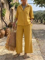 Women's Yellow Button-Down Shirt and Pants Set