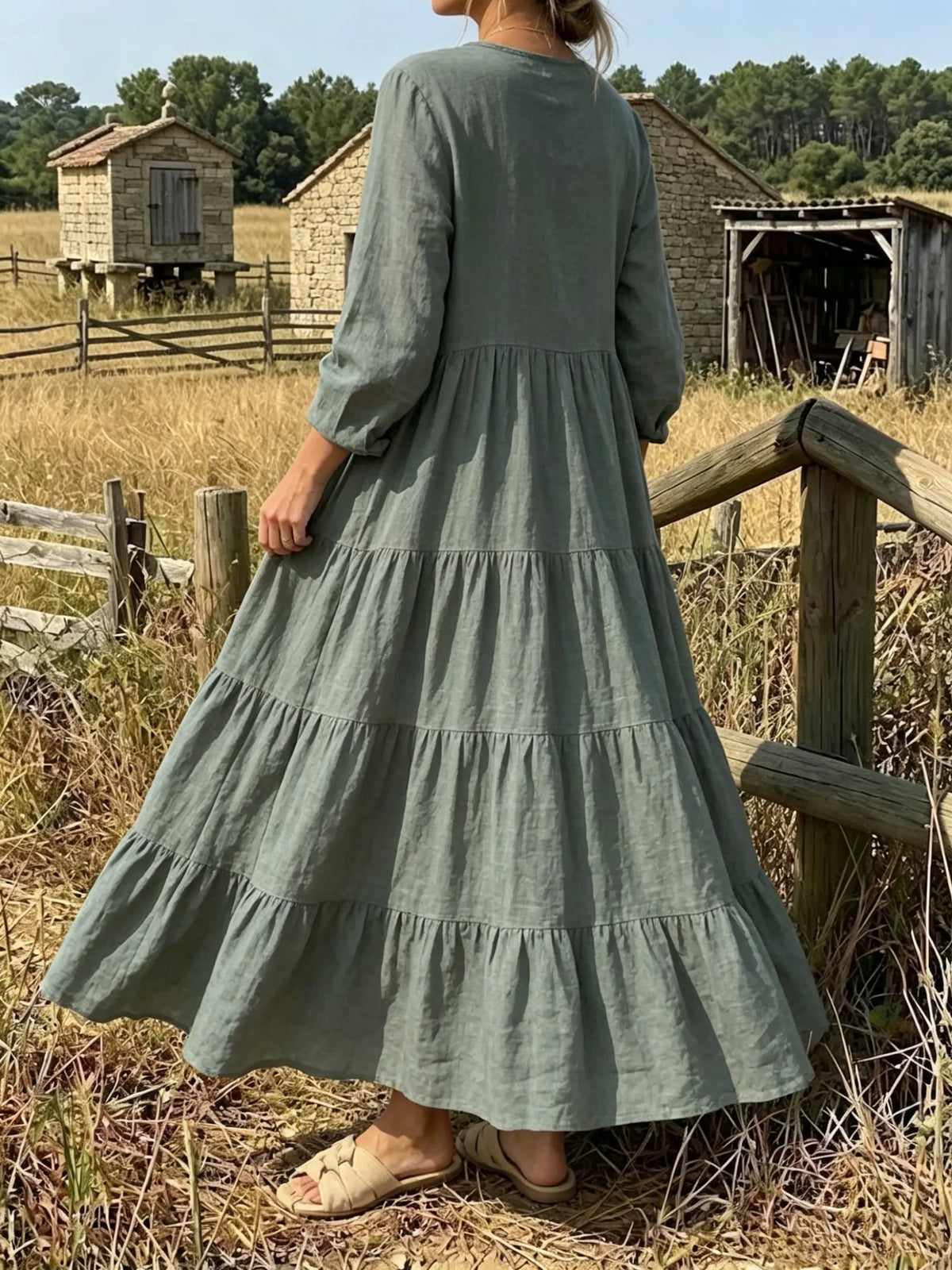 Sage Green Partial Button Tiered Linen Maxi Dress With Pockets