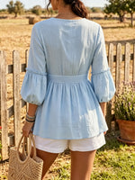 Women Solid V Neck Ruched Puff 3/4 Sleeve Peplum Blouse