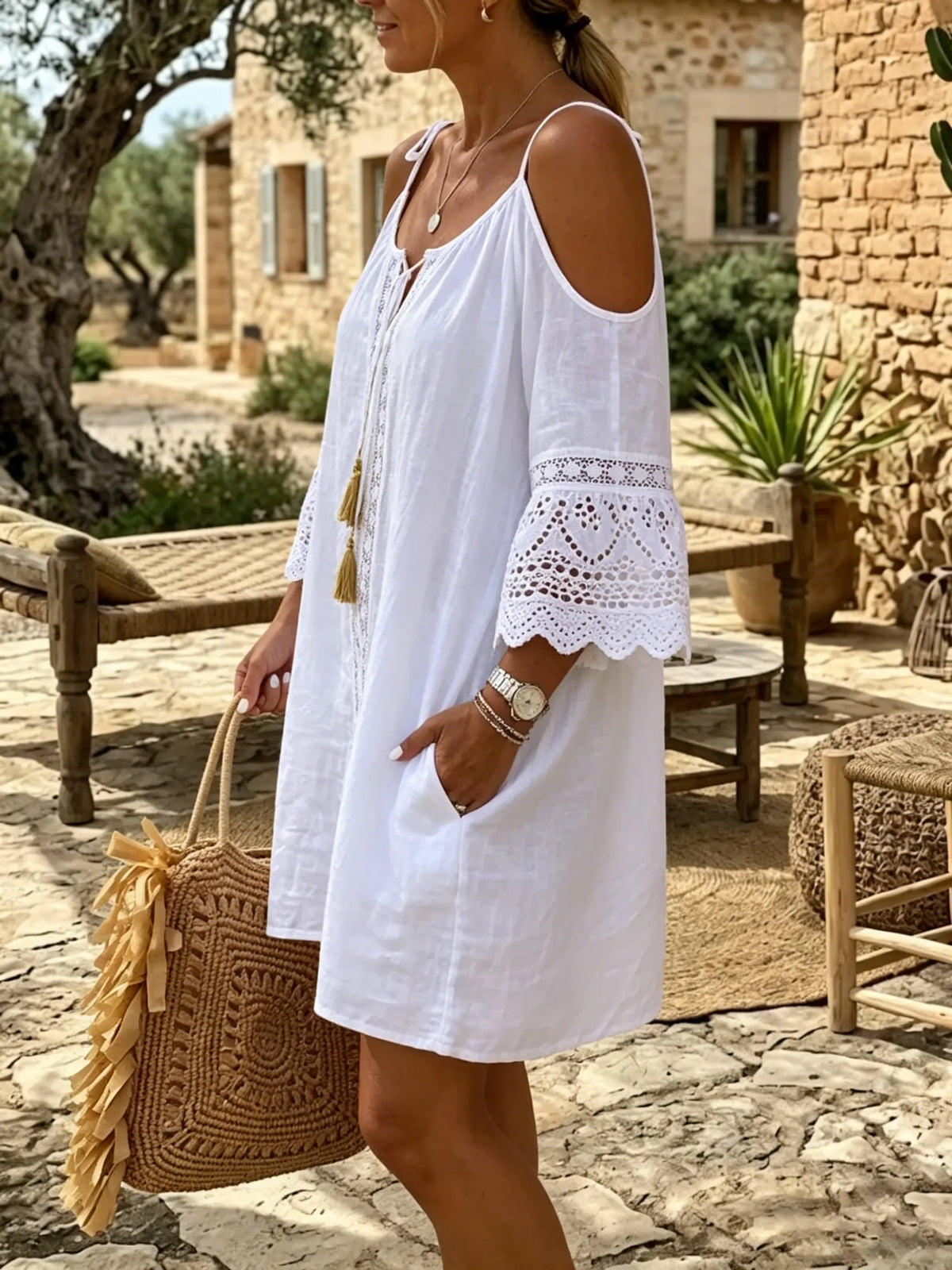 White Cold-Shoulder Lace Tunic Dress