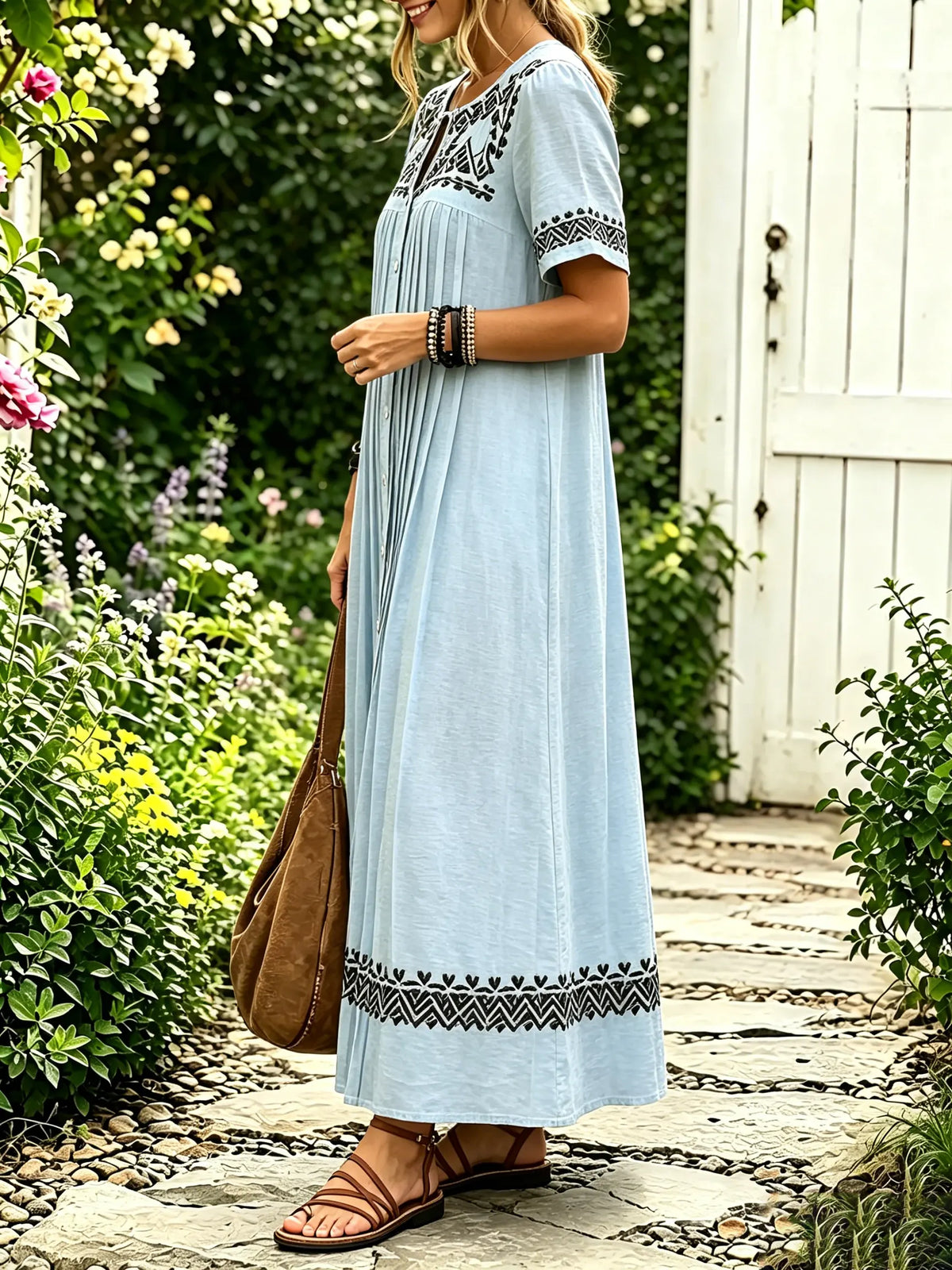 Women Solid Ethnic Embroidery Button Down Short Sleeve Shirt Dress