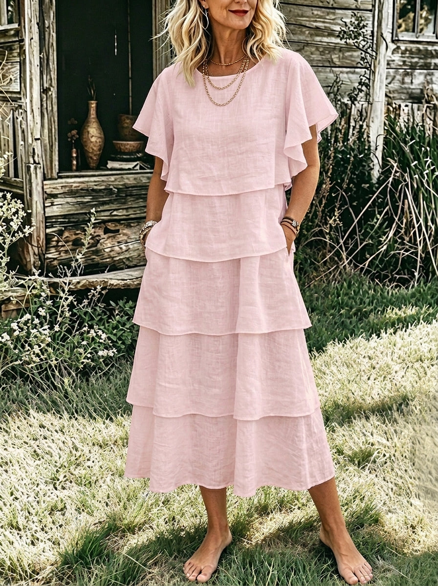 Women’s Ruffle Short Sleeve Tiered Linen Midi Dress, Loose Layered Casual Dress With Side Pockets