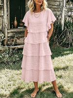 Women’s Ruffle Short Sleeve Tiered Linen Midi Dress, Loose Layered Casual Dress With Side Pockets