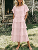Women’s Ruffle Short Sleeve Tiered Linen Midi Dress, Loose Layered Casual Dress With Side Pockets