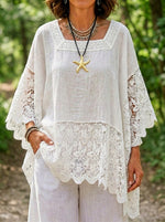 Women’s Square Neck Floral Lace Batwing Sleeve Cotton Linen Tunic
