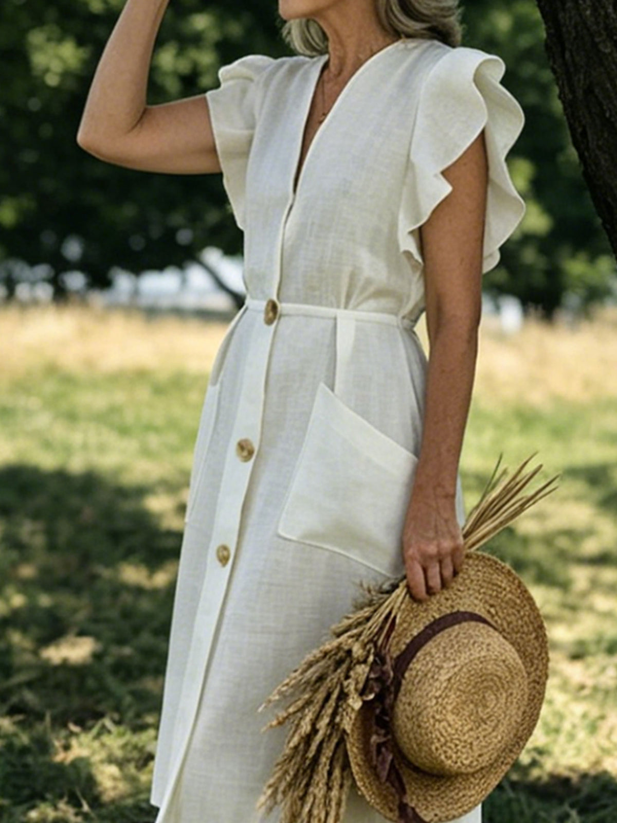 Women’s Casual Cotton V Neck Ruffled Sleeve Pocket Dress