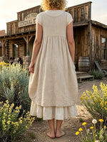 Women's Striped Linen Spaghetti Strap Layered Pocket Dres