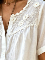 Women’s Floral Lace V Neck Short Sleeve Button Down Casual Blouse
