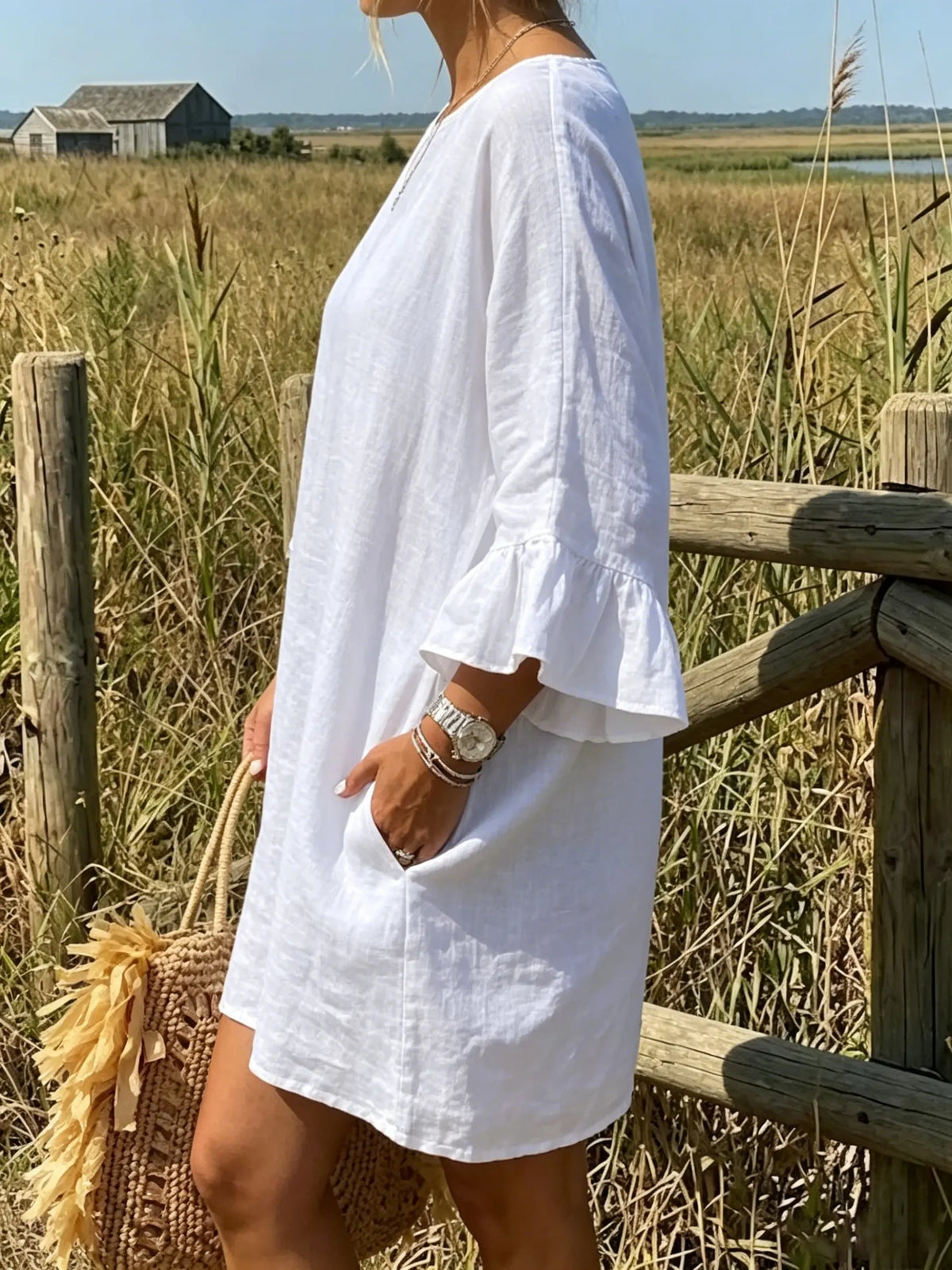 Pure White Bell-Sleeve Oversized Dress