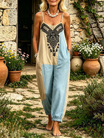 Women's Loose-Fit Geometric Color-Block Cuffed Jumpsuit with Spaghetti Straps