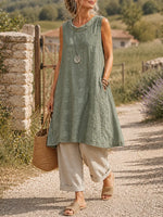Women's 2-Piece Set: Round-Neck Textured Jacquard Sleeveless Top + Cuffed Cotton-Linen Pants