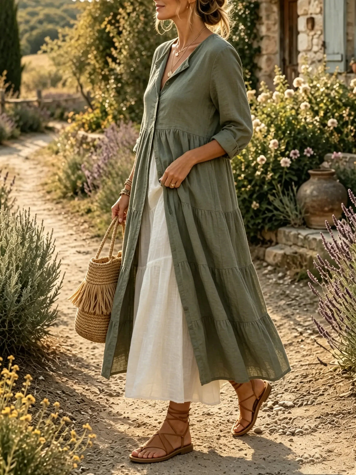Women's Solid Textured Stand Collar Tiered Ruffle Long Kimono Dress