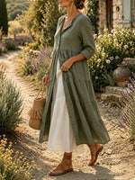 Women's Solid Textured Stand Collar Tiered Ruffle Long Kimono Dress