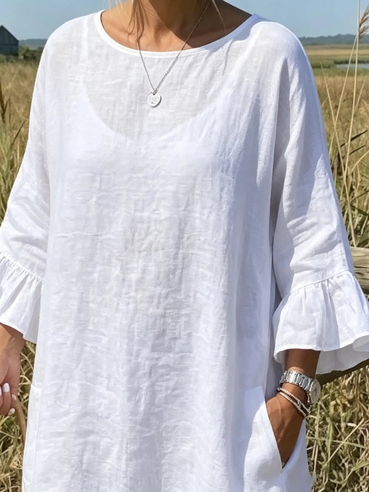 Pure White Bell-Sleeve Oversized Dress