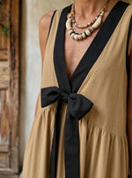 Women's Contrast Trim Bow Front Sleeveless Midi Dress With Pocket