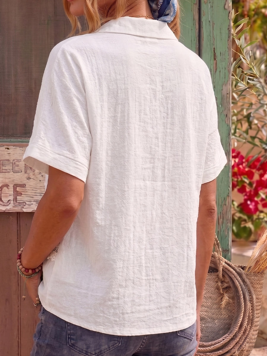 Vintage Art Comfortable Summer Fabrics Cotton Linen Patchwork Openwork Lace Shirt