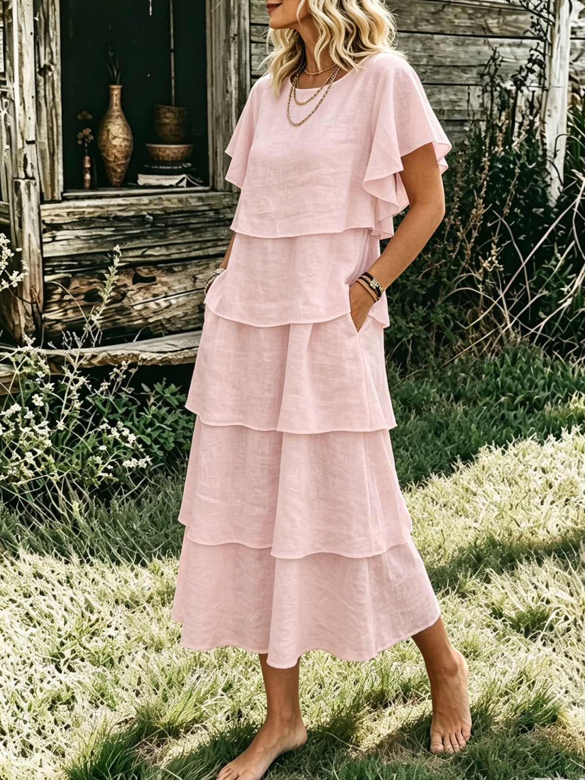 Women’s Ruffle Short Sleeve Tiered Linen Midi Dress, Loose Layered Casual Dress With Side Pockets