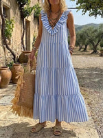 Women's Blue and White Striped Ruffled Layered Dress