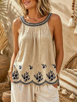 Women's Floral Botanical Embroidery Scallop Hem Halter Linen Tank Top