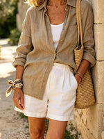 Women's Solid Basic Collar Long Sleeve Linen Blouse