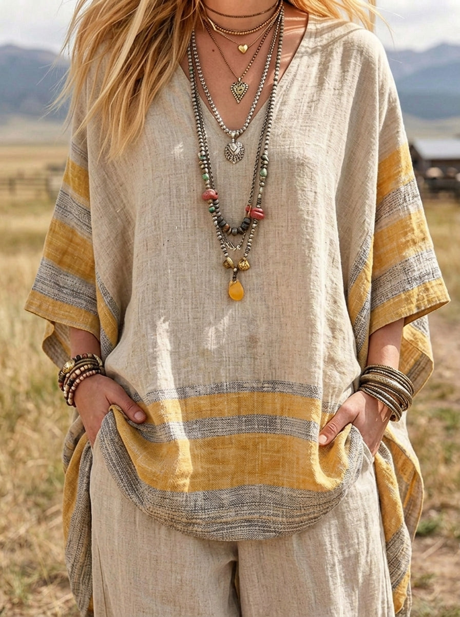 Womens Vintage Tie Dye V Neck Loose Tunic & Wide Leg Pants 2 Piece Linen Set