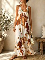 Women Ink Wash Tie Dye V-Neck Sleeveless Flowy Maxi Dress