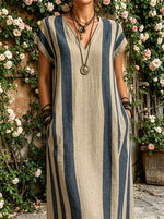 Women's Vertical Stripe V-neck Cap Sleeve Linen Maxi Kaftan Dress With Pockets