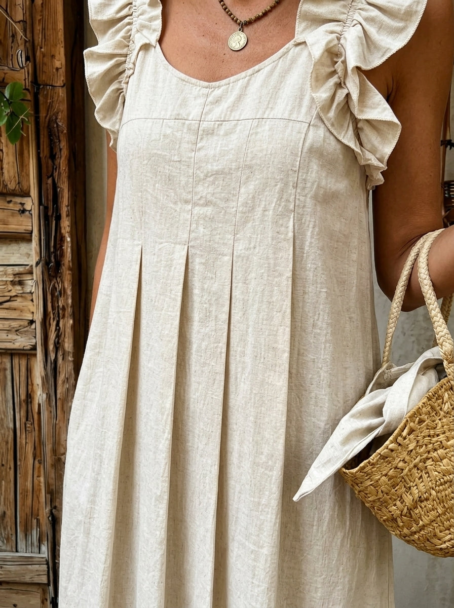 Women's Ruffle Strap Pleated Linen Midi Dress With Pockets