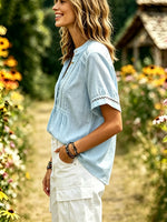 Women's Solid Crochet Lace Panel Pleated Button Down Short Sleeve Blouse