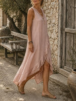 Women's Solid Crochet Lace Panel Irregular Ruffle Sleeveless Maxi Dress