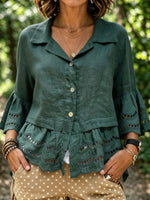 Women’s Lace Eyelet Flare Sleeve Collared Cotton Linen Button Down Shirt