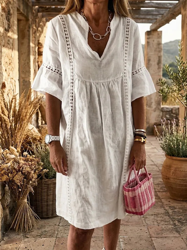 Lace-Trimmed Linen Midi Dress