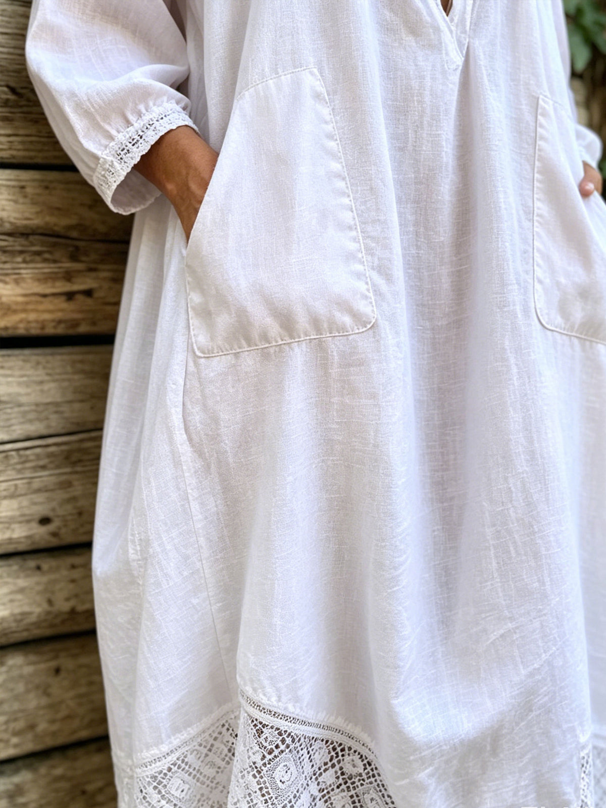 Women’s Casual Cotton Loose Long Sleeve V Neck Lace Paneling Pocket Dress