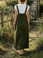 Women's Solid Textured Cargo Pocket Pinafore Maxi Dress
