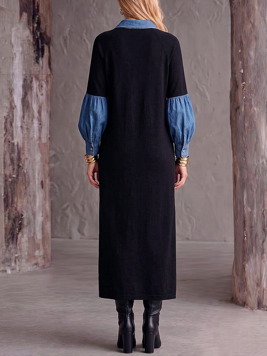 Women's Long-sleeve Casual Loose-fit Color-block Patchwork Dress With Collar