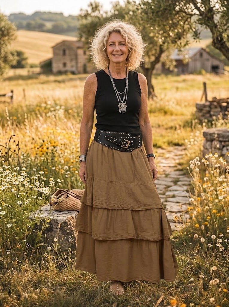 Women's Solid Tiered Crinkled Cotton Maxi Skirt