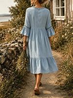 Women's Solid Crochet Lace V-Neck Ruffle 3/4 Sleeve Tiered Midi Dress