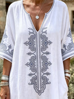 Boho Linen V Neck 3/4 Sleeve Pocket Jumpsuit