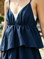 Solid Waist Tiered Ruffle V Neck Cami Midi Dress