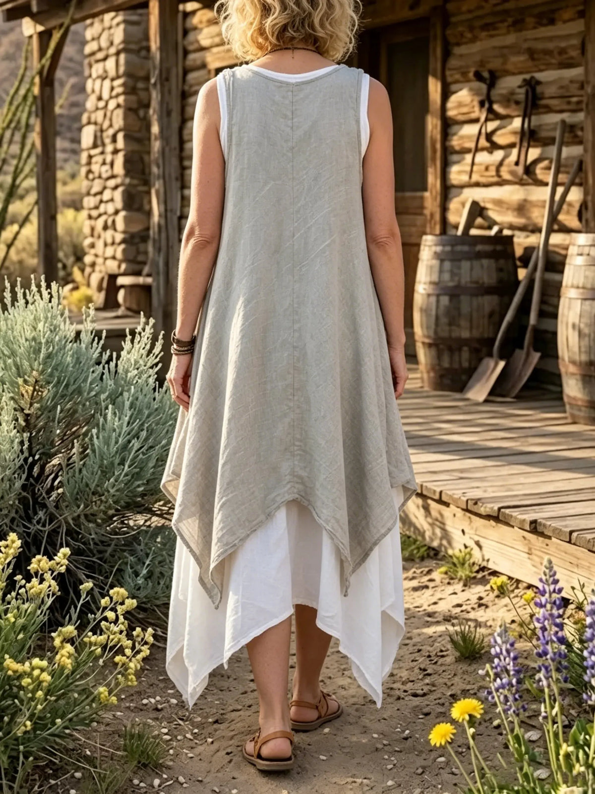 Women's Solid Two Layer Asymmetric Hem Linen Sleeveless Pocket Dress