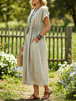 Women's Solid Crew Neck Drawstring Waist Dolman Short Sleeve Pocket Linen Midi Dress