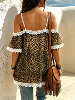 Women's Vintage Leopard Lace Off Shoulder Irregular Hem Top